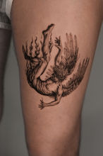 icarus fallen angel fineline microrealism tattoo thigh leg man
