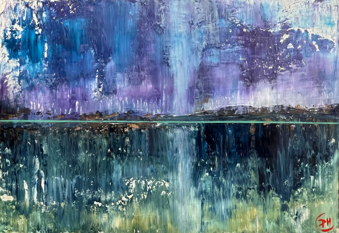 Contemporary abstract landscape painting, 70 x 100 cm, featuring violet and blue layered textures with a dark horizon line and mirrored reflection below.