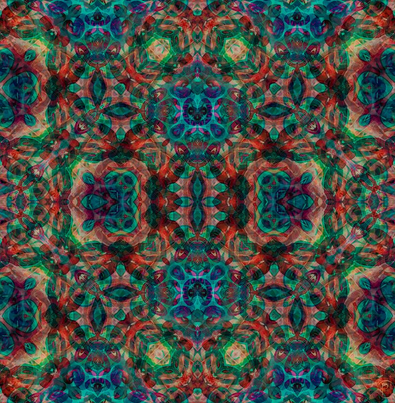 "Abstract digital artwork with vibrant red, brown, and electric blue hues, forming a dynamic, symmetrical pattern. Inspired by ritual dances and spiritual energy vibrations."