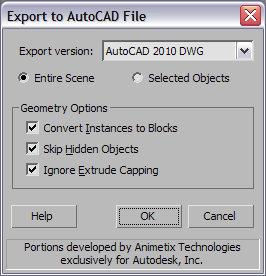 Export to AutoCAD DWG file dialog showing version and geometry options
