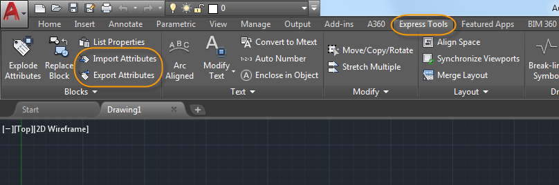 AutoCAD Express Tools ribbon showing import and export attributes commands