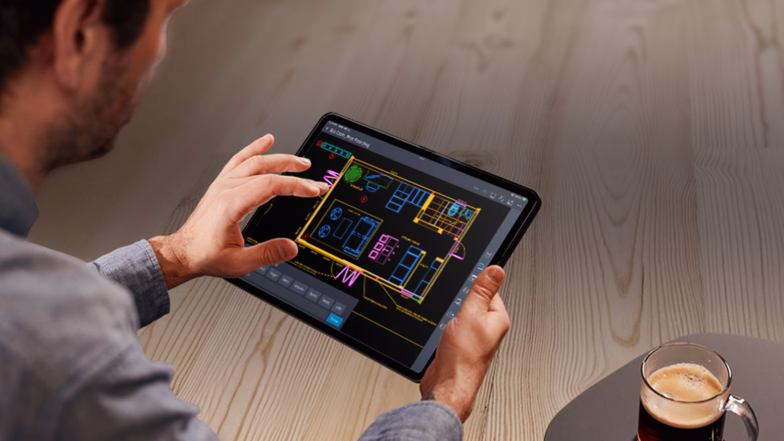 AutoCAD architectural drawing viewed on tablet device for floor plan design and editing