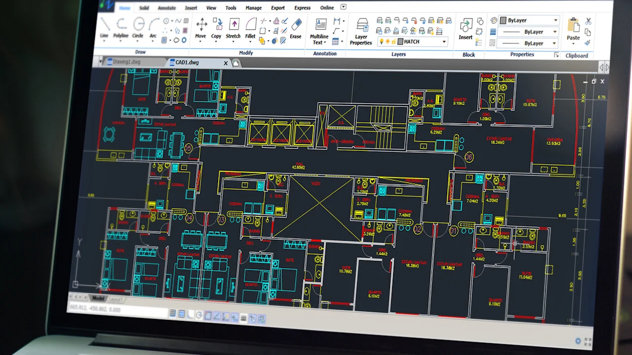 AutoCAD office floor plan drawing displayed with detailed architectural layout and dimensions