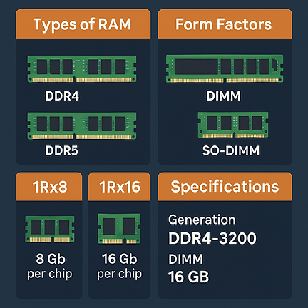 "Comparison chart of different RAM types including DDR4, DDR5, DIMM, SO-DIMM, 1Rx8, and 1Rx16 modules"