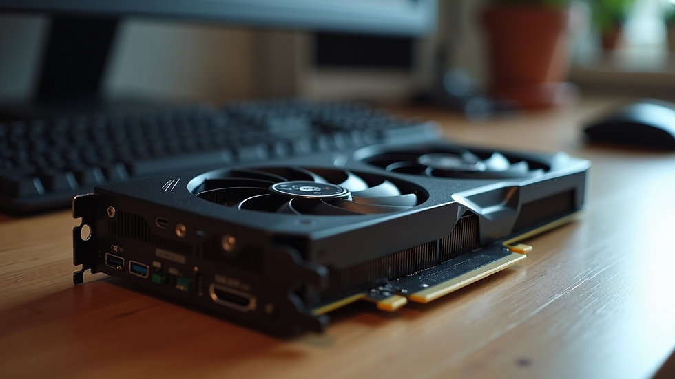 Eye-level view of a graphics card with dual fans on a wooden desk