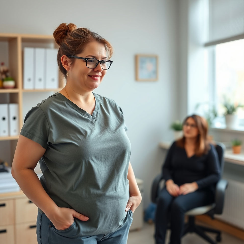 create and image of patient who is seeking weight loss treatment in an office by a psychi