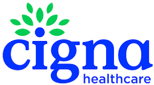 Cigna logo, blue "cigna healthcare" text, green leaves, premier wellness healthcare.
