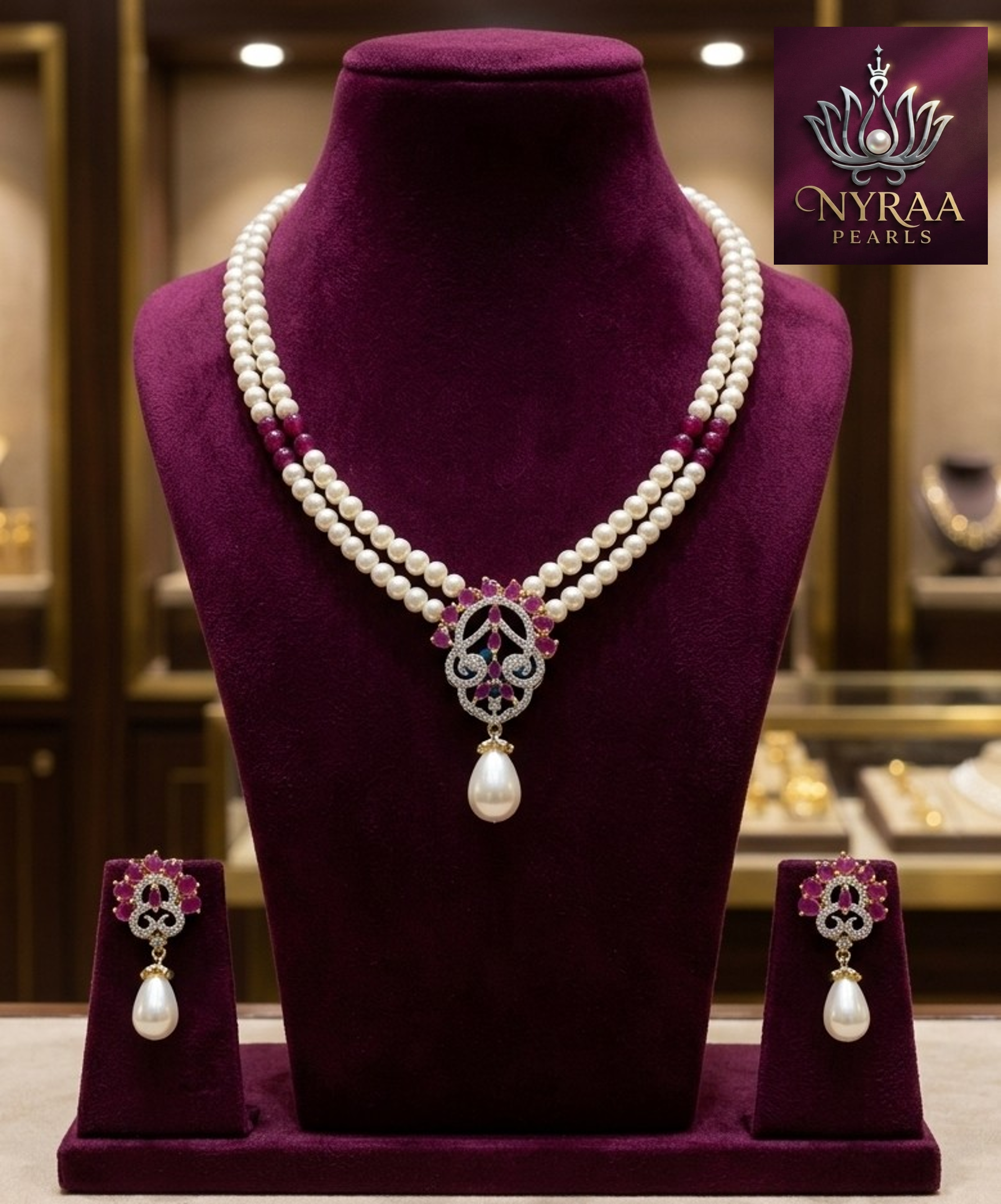 ELEGANT DUAL STRAND GENUINE PEARL & RUBY NECKLACE SET