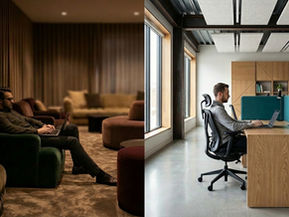 a sinistra un lavoratore che lavora al computer accasciato sul divano, a destra un lavoratore attento e produttivo su una scrivania in un ambiente lavorativo ma biofilico e piacevole