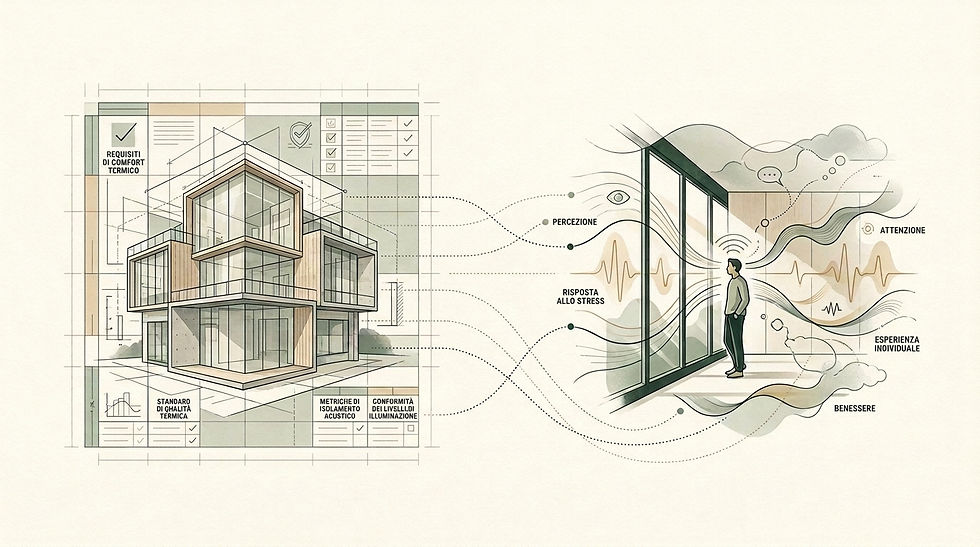 Confronto tra un edificio inserito in una griglia di requisiti verificabili e un occupante associato a risposte variabili di percezione, attenzione, stress e benessere.