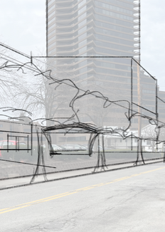 Schizzo prospettico su foto stradale reale, che ipotizza la trasformazione di una via urbana in uno spazio più vivibile con edifici e filari di alberi.