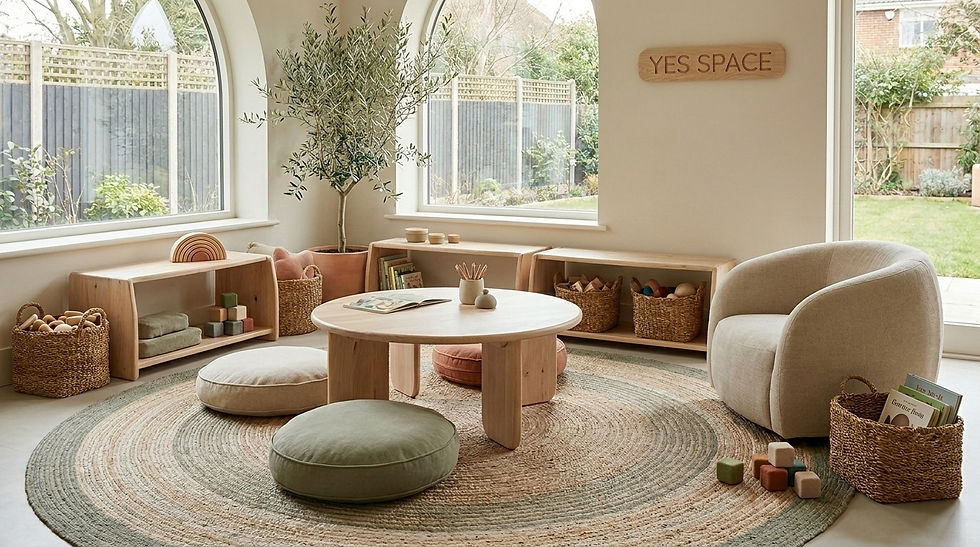Un ambiente "Yes-Space" sicuro e accogliente, progettato per prevenire i pericoli fisici. Lo spazio include arredi in legno dalle linee curve e prive di spigoli vivi, tra cui un tavolino rotondo circondato da cuscini a terra e mobili bassi a giorno. Materiali tattili, cesti intrecciati, una pianta in vaso e molta luce naturale definiscono l'area, sovrastata da una targa in legno a parete con la dicitura "YES SPACE".