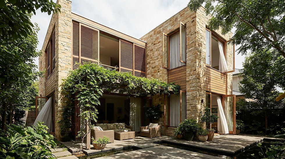 Edificio progettato per il comfort estivo con schermature solari, vegetazione ombreggiante, finestre aperte, patio verde e materiali naturali.