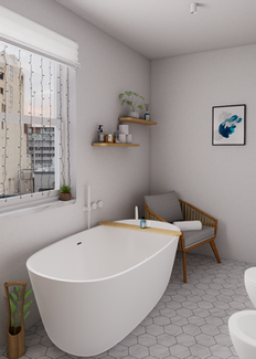 Bagno luminoso con vasca freestanding davanti a una finestra, sedia in legno con cuscino, mensole sospese con prodotti e decorazioni, pavimento a esagoni chiari.