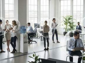 panoramica di un ufficio, ciascuno dentro una bolla trasprente