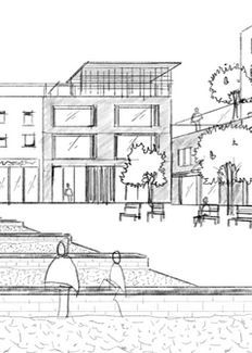 Schizzo dettagliato in bianco e nero di un progetto urbano, con edifici, alberature, panchine e figure stilizzate che rappresentano gli utenti dello spazio.