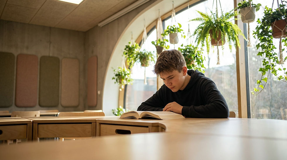 Ripresa dal basso di uno studente adolescente profondamente concentrato sulla lettura di un libro cartaceo seduto a una scrivania modulare in legno vicino a un'enorme finestra panoramica. La luce del sole filtra attraverso la scrivania, illuminando le particelle di polvere e mettendo in risalto le piante verdi sospese intorno alla scrivania. Pannelli acustici fonoassorbenti sono visibili sulla parete di fondo.
