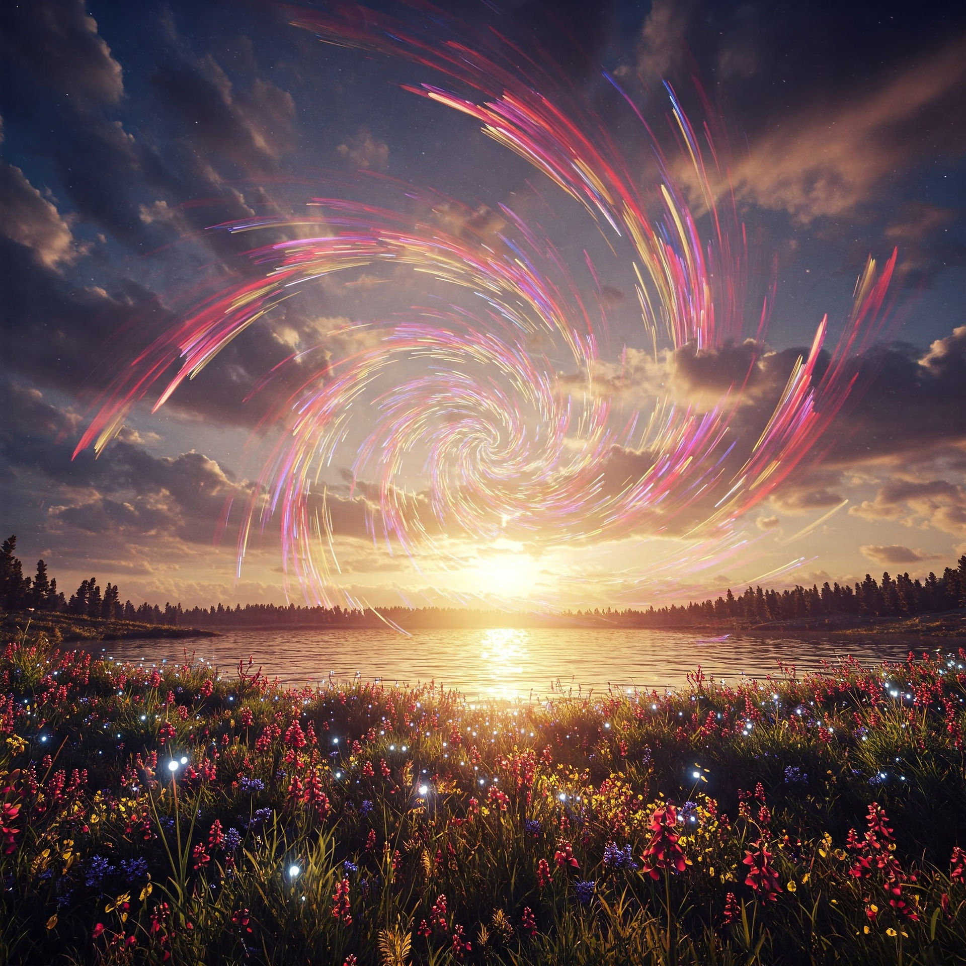 tramonto su un lago circondato da fiori e con una spirale colorata in cielo