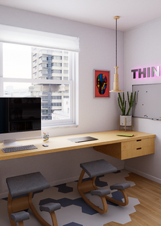 Studio compatto con lunga scrivania in legno, due sedute ergonomiche inginocchiate, grande finestra, computer desktop, scritta luminosa "THINK" sulla parete e lampade decorative.