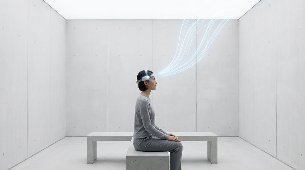Una persona in uno spazio architettonico minimalista e incontaminato indossa un sensore biometrico, generando flussi di dati chiari e lineari, a simboleggiare la misurazione perfetta in un ambiente ideale e privo di distrazioni.