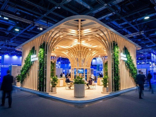 Uno stand fieristico biofilico in legno chiaro e pareti verdi, illuminato da una luce calda e accogliente, che funge da oasi di calma in un padiglione fieristico scuro e caotico caratterizzato da luci neon fredde e folle sfocate in movimento