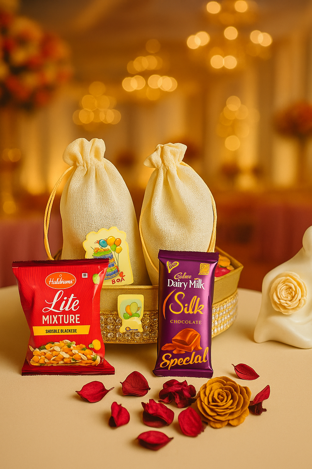 Netted Large Hamper with chocolate, Mixture Namkeen, potli bags of dry fruits
