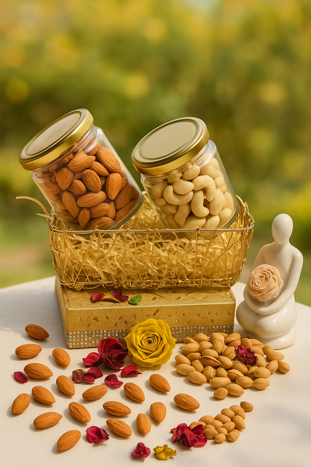 Golden Basket with set of 2 jars of nuts