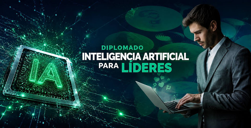 Man in suit using laptop beside glowing AI chip; Spanish text reads AI Leadership Program in spanish.