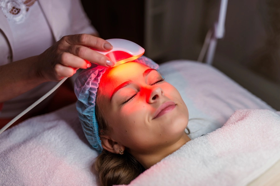 girl receiving red light therapy as a facial skin rejuvenation procedure