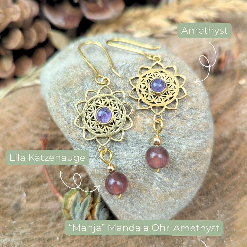 Boho Ohrringe Messing „Manja“ mit Amethyst & lila Katzenauge