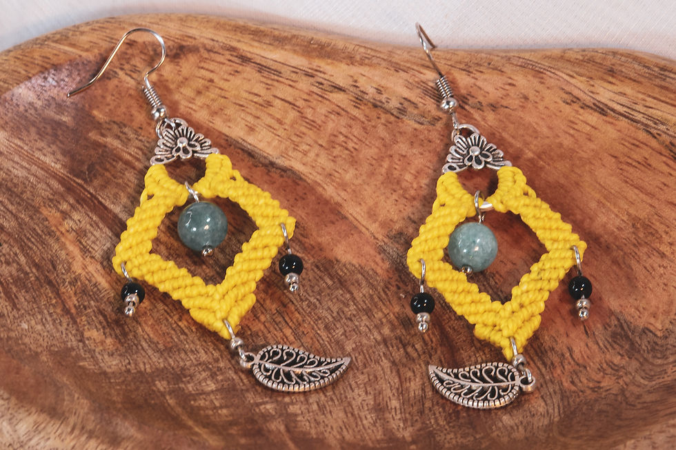 Makramee Ohrringe Gelb und Aquamarin Perlen
