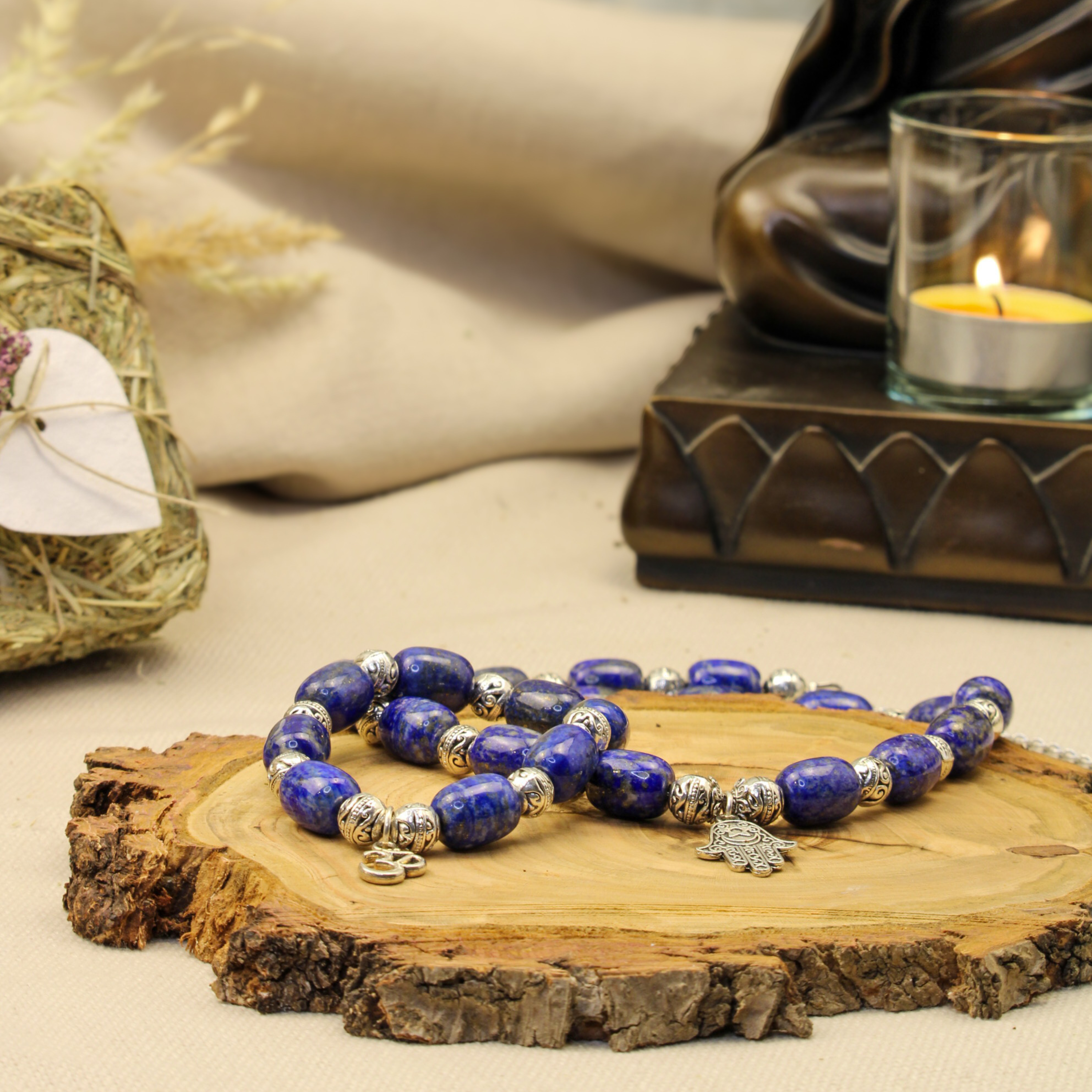 Lapislazuli Schmuckset Armband und Halskette mit Om und Hamsahand Symbol Anhänger