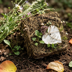 Biologisch abbaubare Schmuckverpackung aus Heu zerfällt in dunkler Erde, während erste Wildblumen und Keimlinge daraus wachsen.