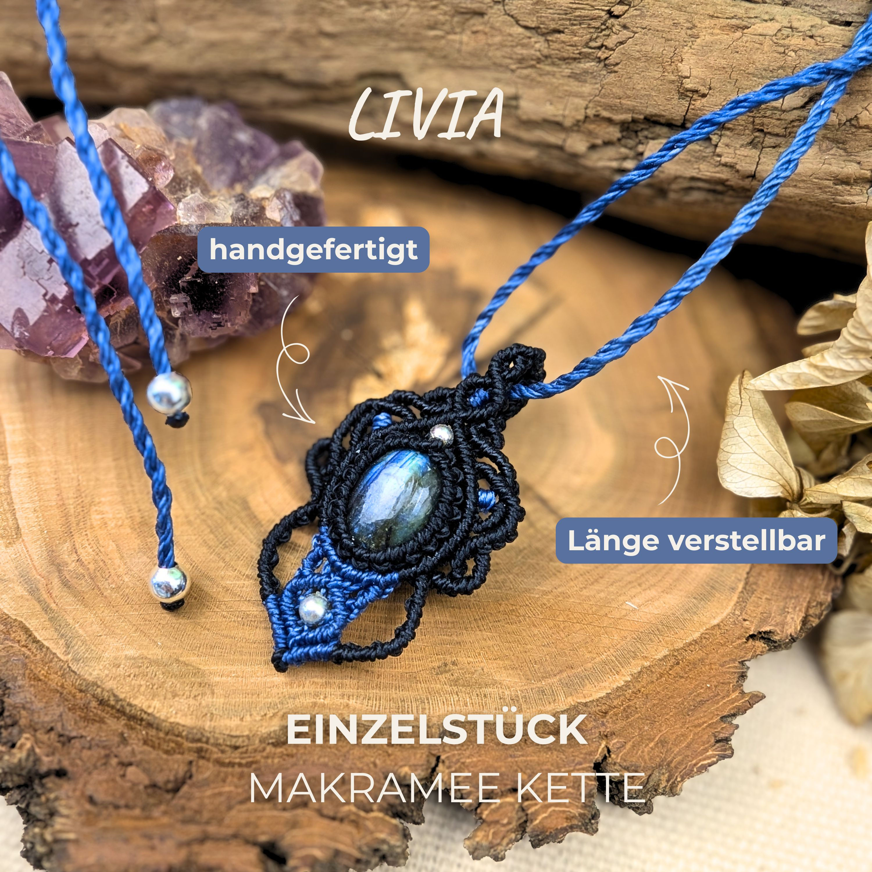 handgefertigte Makramee Halskette mit Labradorit | Schwarz & Kobaltblau | Boho Edelstein Kette Einzelstück von Aranya´s Art