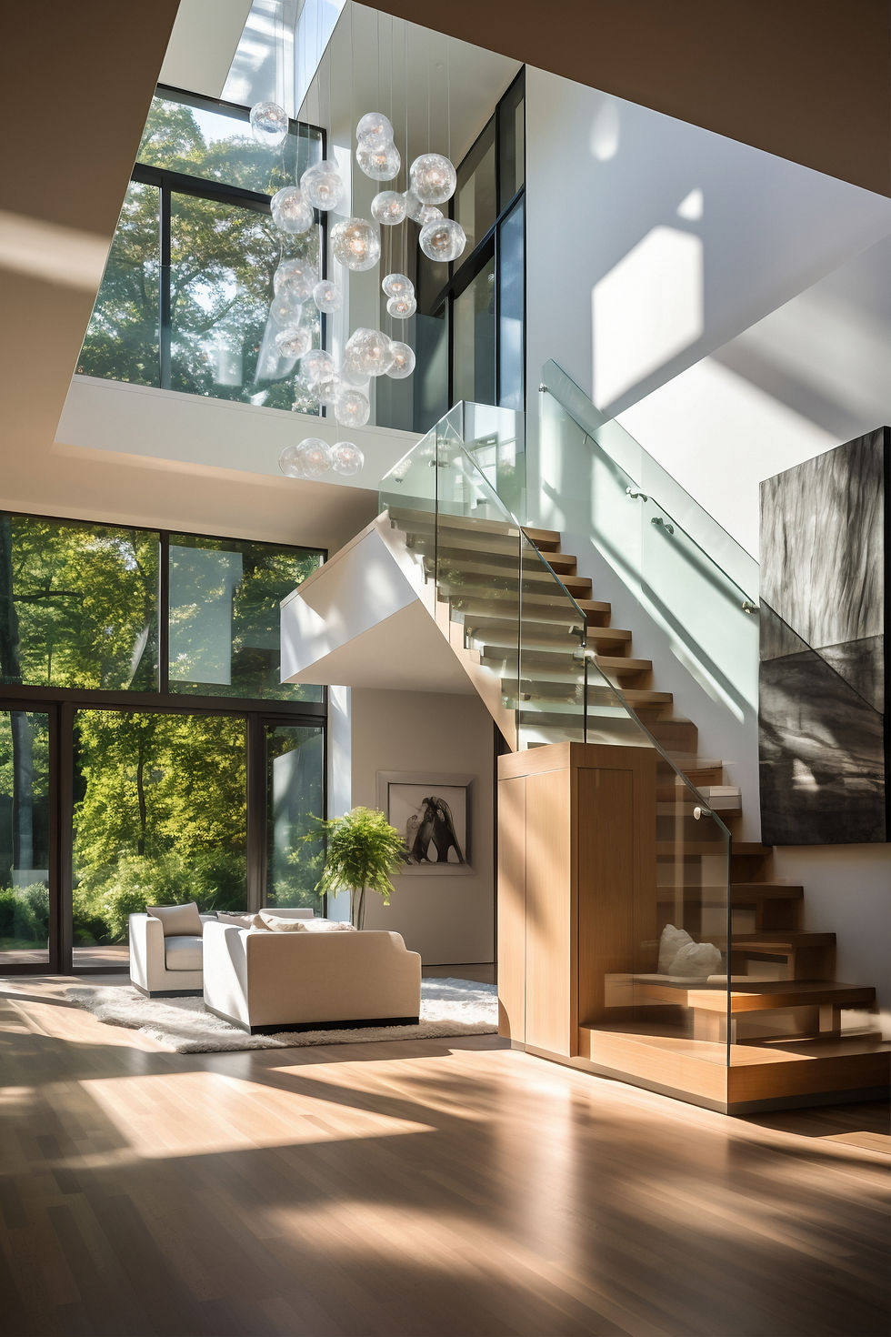 Intérieur moderne avec escalier en verre, lustre sphérique. Canapé blanc, tableau noir et blanc.