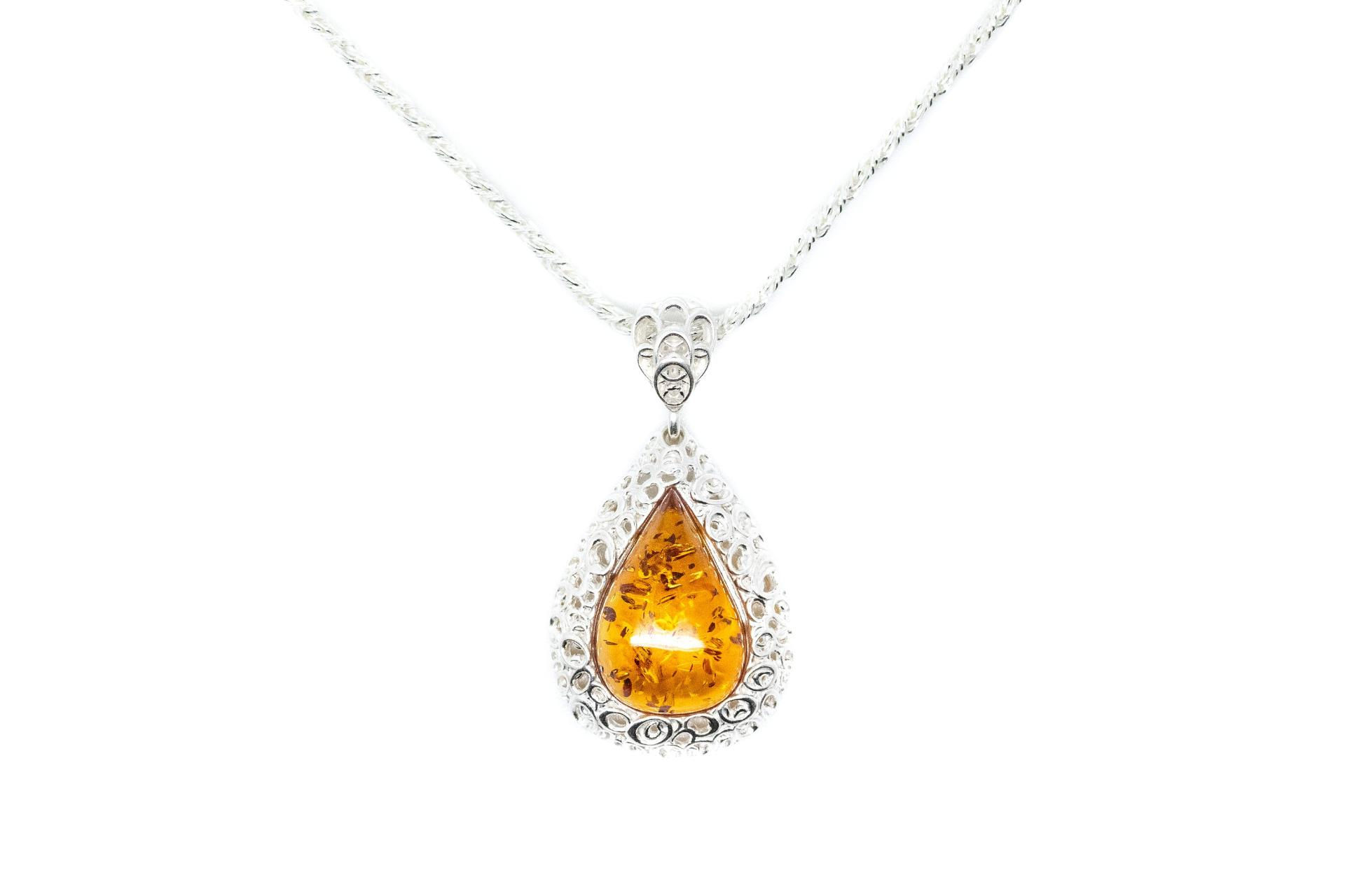 Filigree Frame Amber Teardrop Pendant