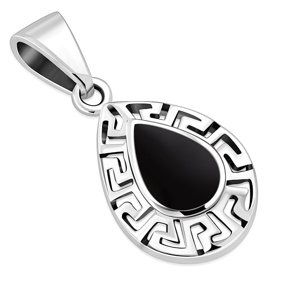 Black Onyx Drop Greek Key Silver Pendant