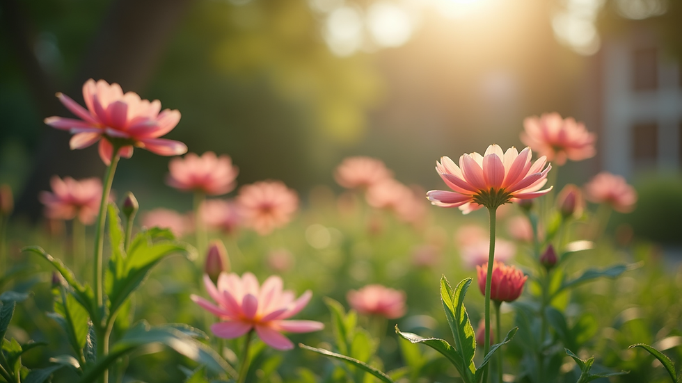 Eye-level view of a serene garden with blooming flowers