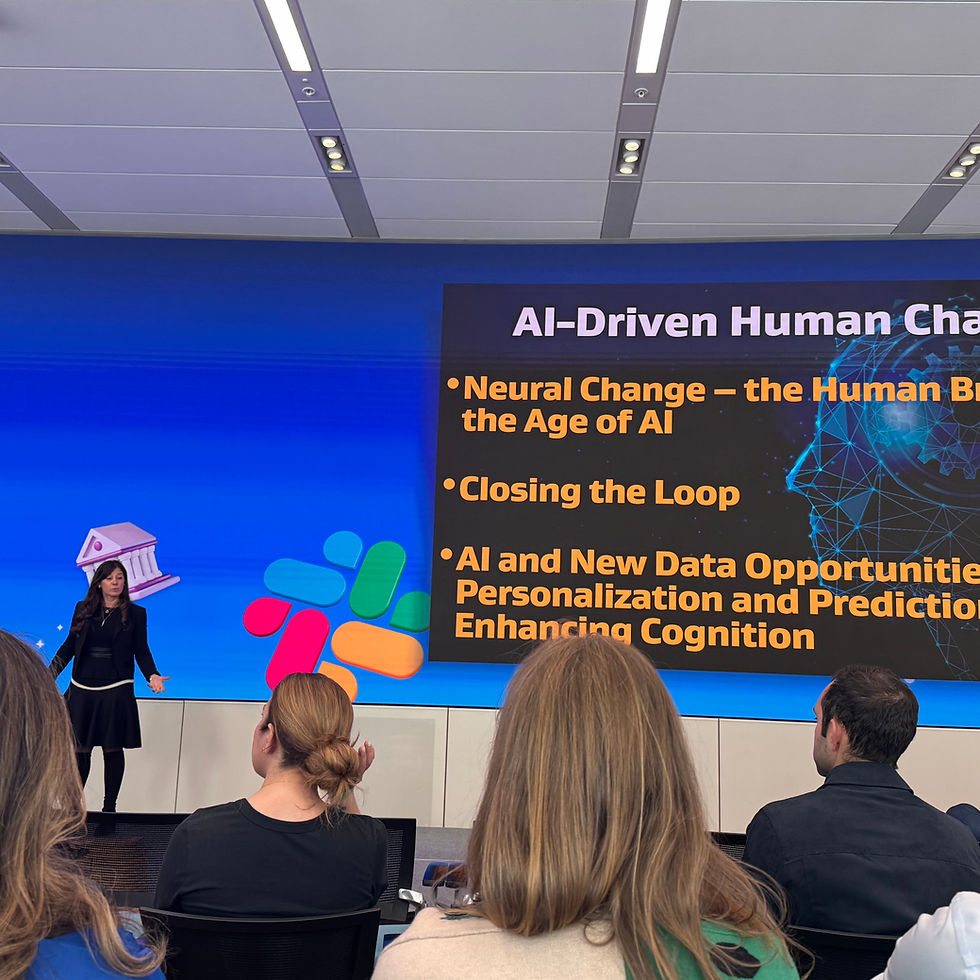 Neuroscientist Dr. Poppy Crum presents her 'AI-Driven Human Change' talk at CoreNet Global, Salesforce Tower, May 2026.