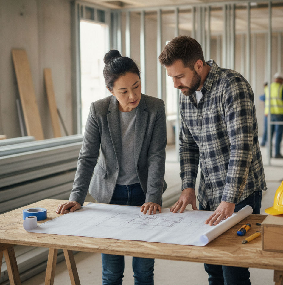 Architect and building contractor reviewing construction drawings together at a job site.