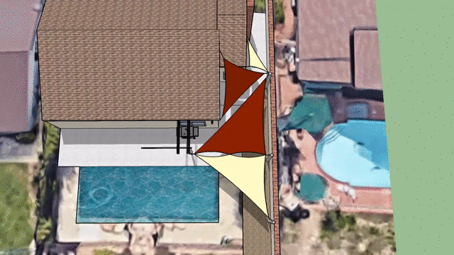 3D video rendering of shade sails in a backyard.