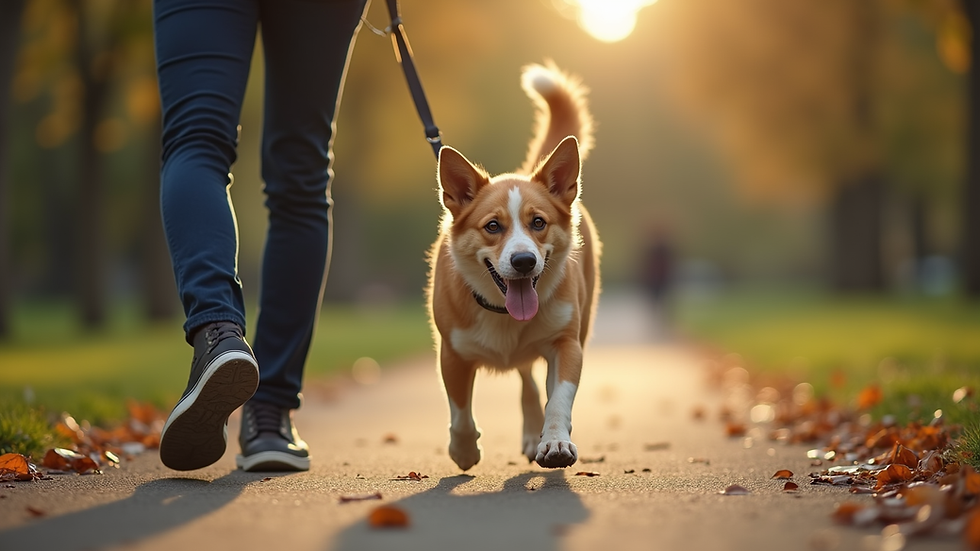 Eye-level view of a dog walking service in a park