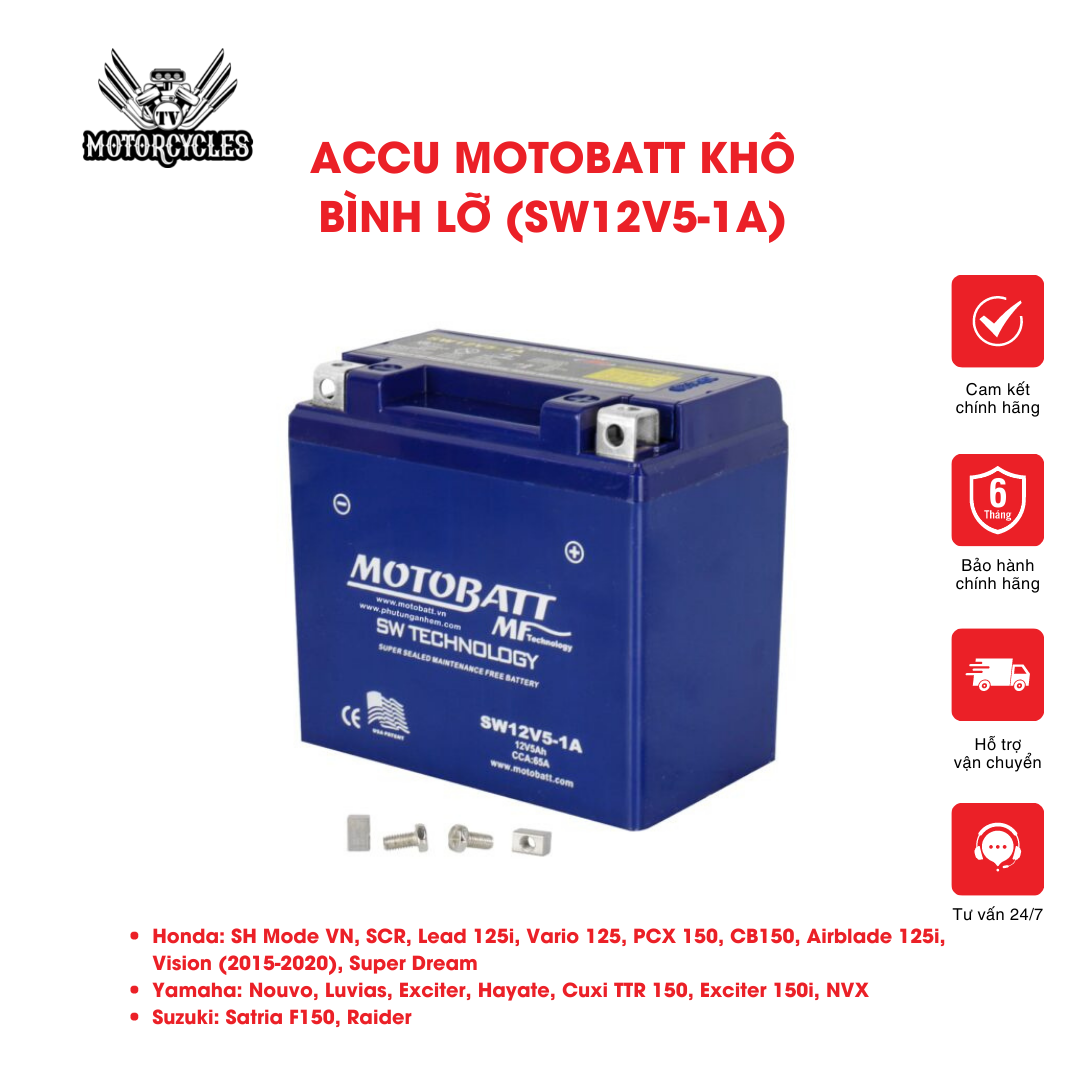 BÌNH ẮC QUY KHÔ MOTOBATT - BÌNH LỠ (SW12V5-1A)