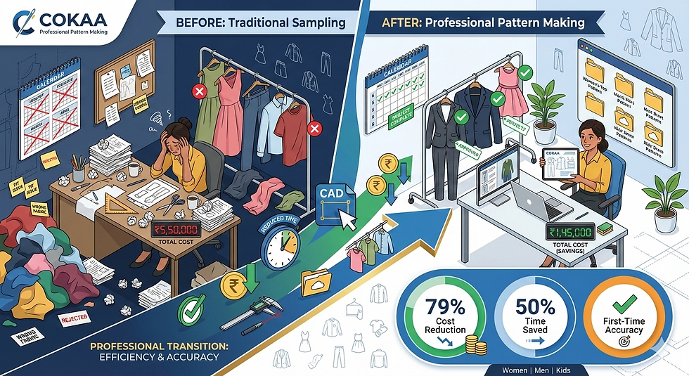 Illustrational Image Prompt for How Professional Garment Pattern Making Services Reduce Sampling Cost & Time by cokaa.in