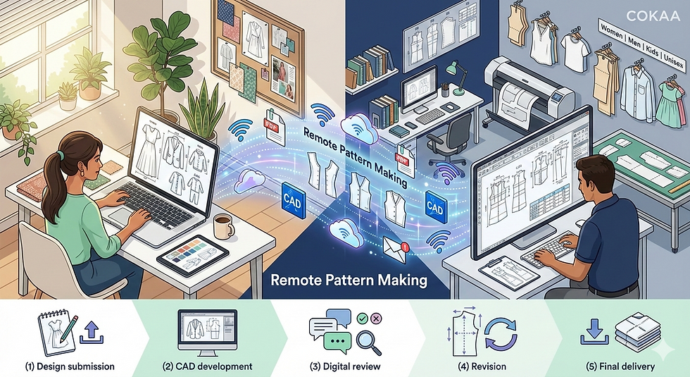 Illustrational Image Prompt for India's 1st Online Sewing Custom Garment Pattern Provider How Remote Pattern Making Works
