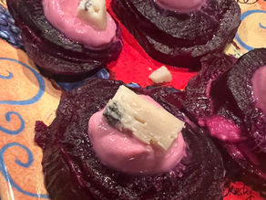 Roasted Beets with Honey Beet Cream and Goat Cheese Crumbles