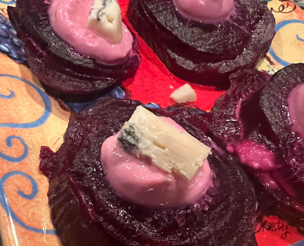 Roasted Beets with Honey Beet Cream and Goat Cheese Crumbles