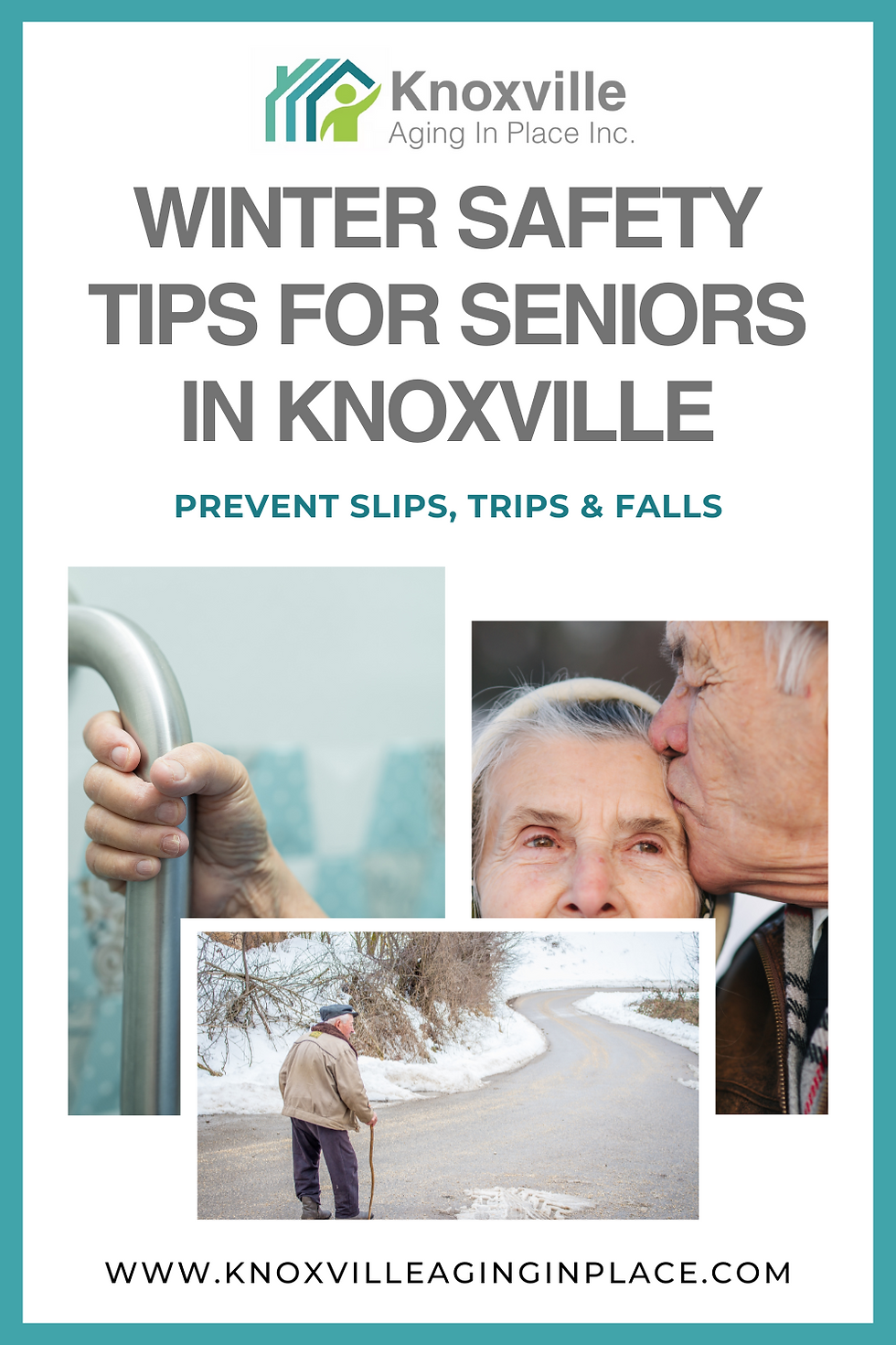 pinterest graphic for blog post by Knoxville Aging in Place on Winter Safety Tips for Seniors in Knoxville: Prevent Slips, Tips & Falls