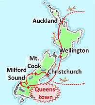A simplified map of New Zealand shows the major cities visited on our trip. Our third stop, Queenstown, is highlighted.