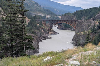 CNR truss arch bridge, 247m long, 67m above Fraser River, built 1913-1914.